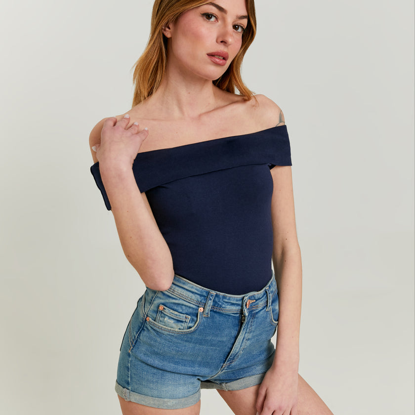 Off Shoulder Basic Top | Navy