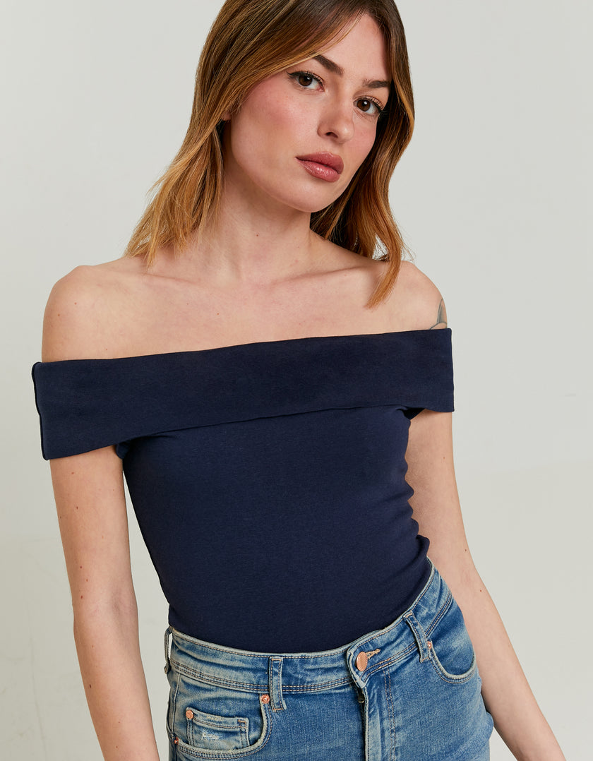 Off Shoulder Basic Top | Navy