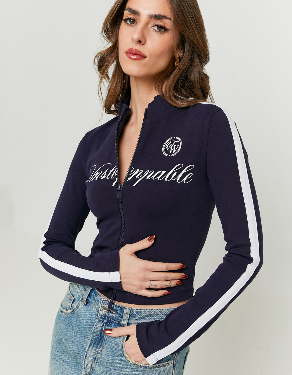 Printed Cardigan with Contrast Sleeves | Navy