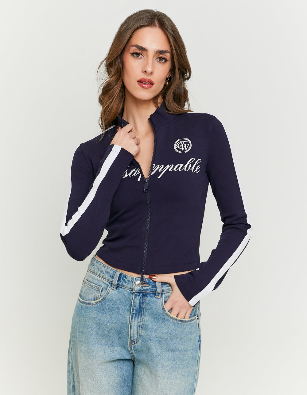 Printed Cardigan with Contrast Sleeves | Navy