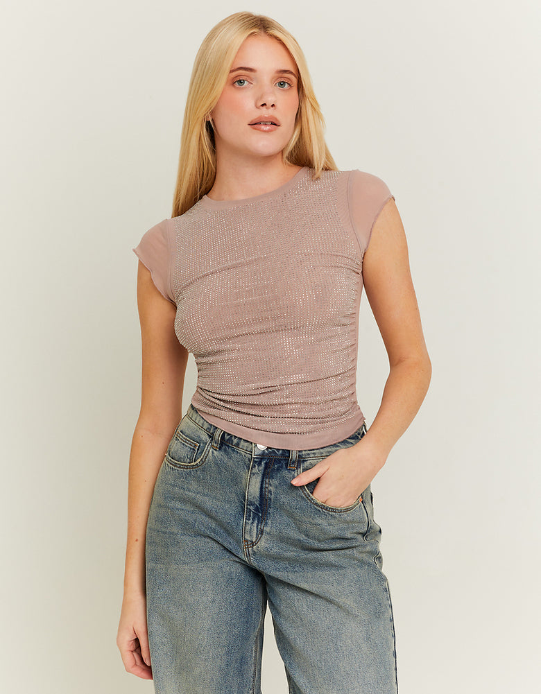 Mesh Loose Top with Strass | Nude