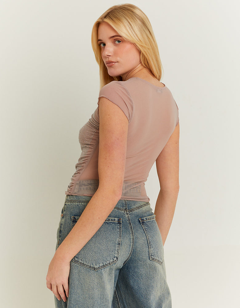 Mesh Loose Top with Strass | Nude