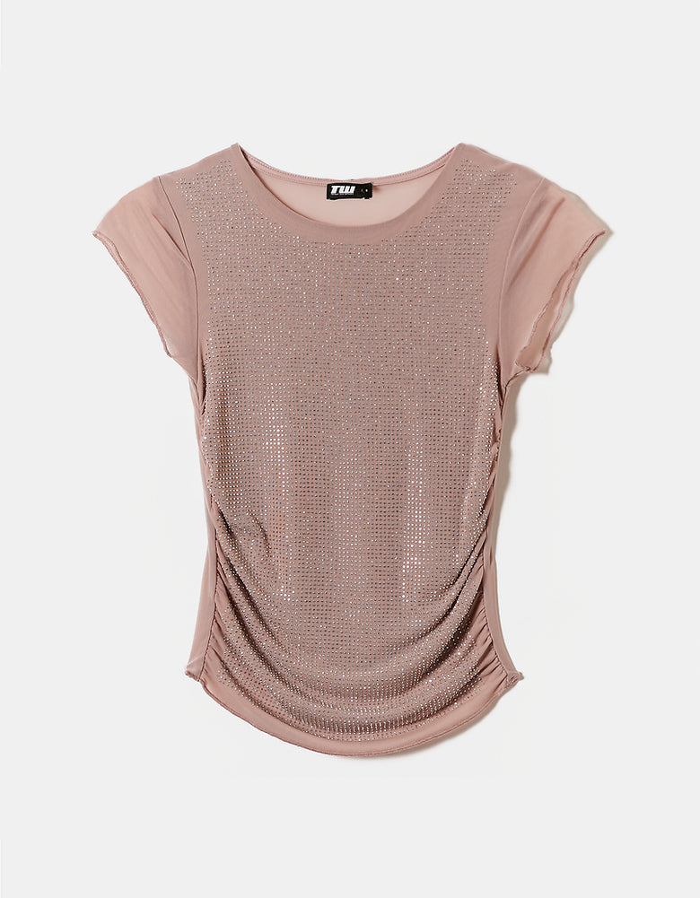 Mesh Loose Top with Strass | Nude