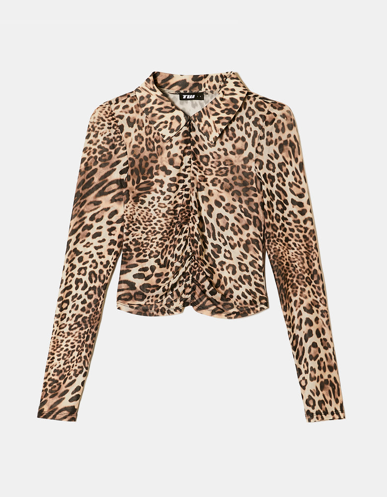 Leo Print Mesh Top with Polo Neck | Leo Print
