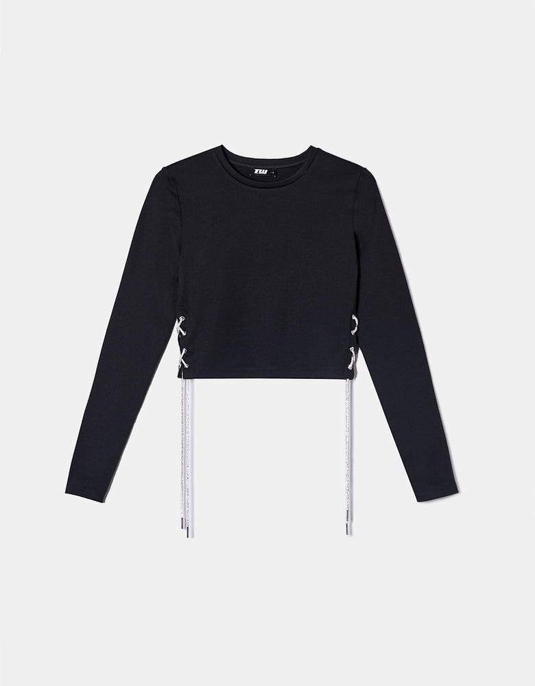 Cropped Top with Strass Cord Lace Up | Black