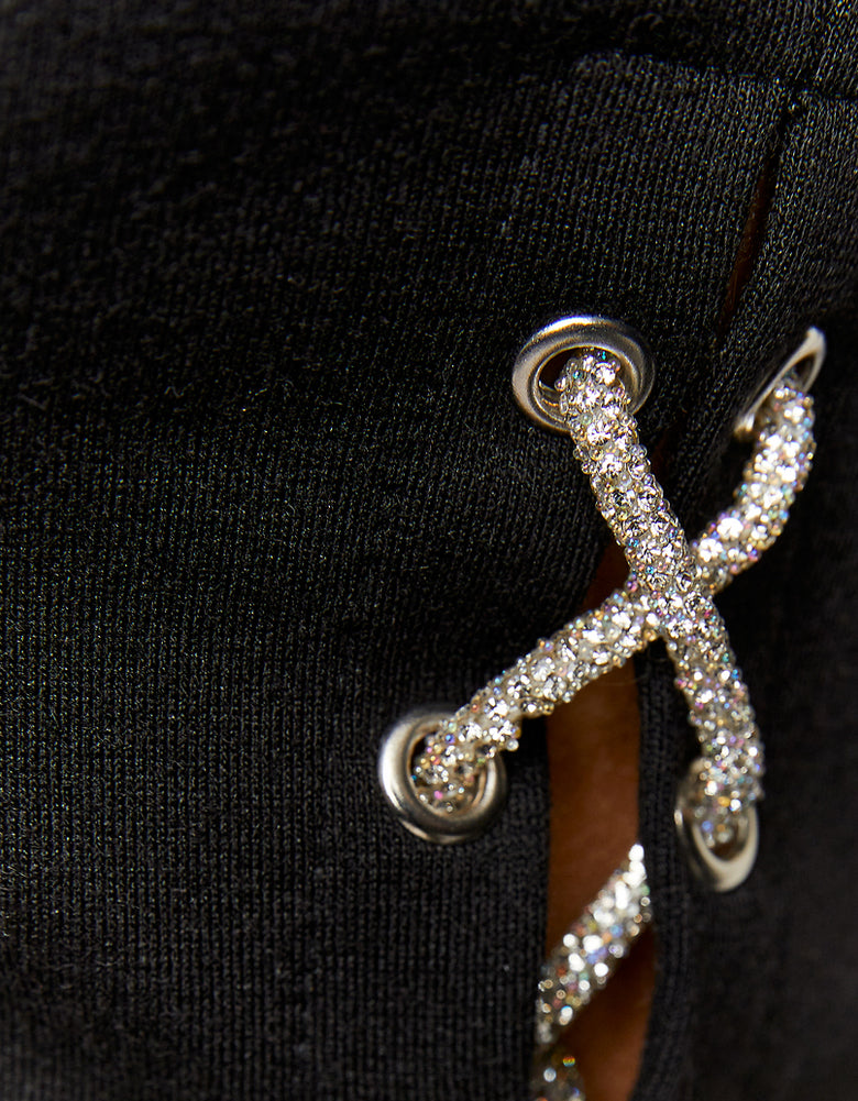 Cropped Top with Strass Cord Lace Up | Black