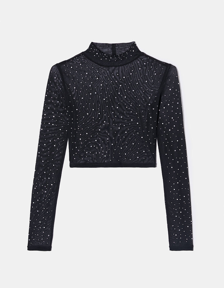 Mesh Cropped Top with Strass | Black