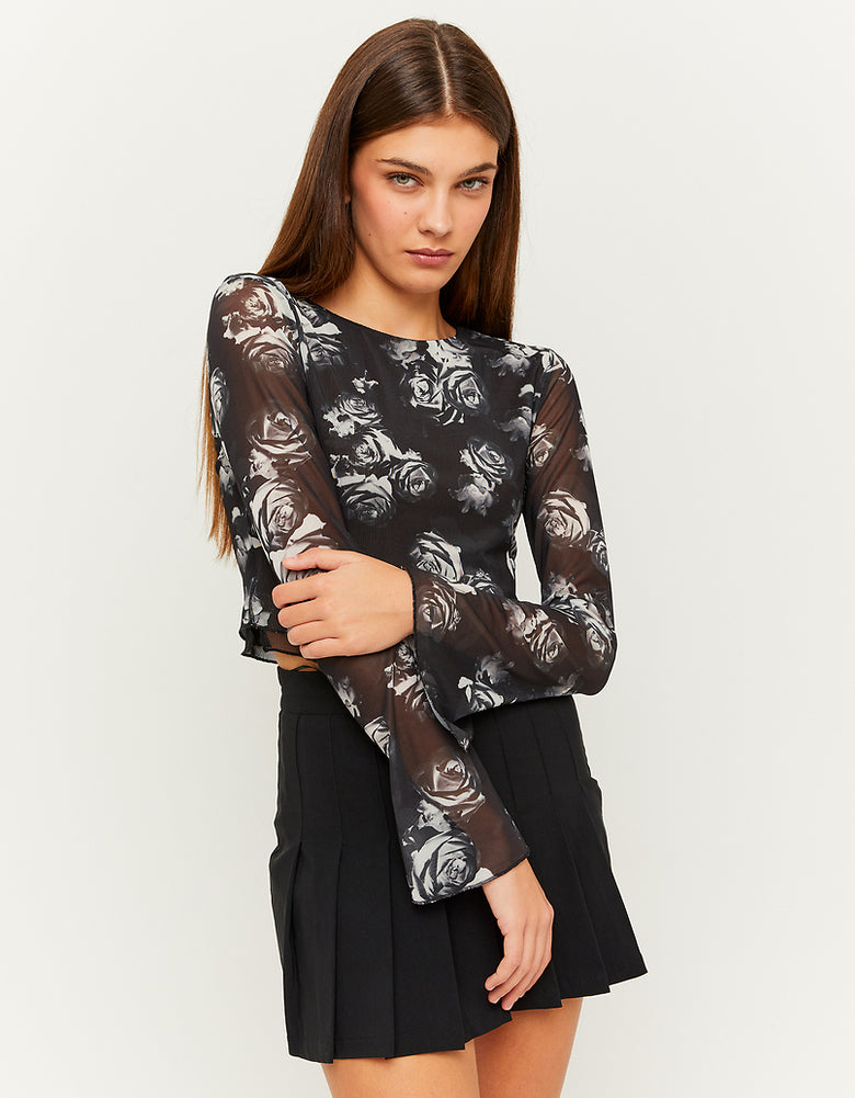 Mesh Printed Long Sleeves Top | Floral Print