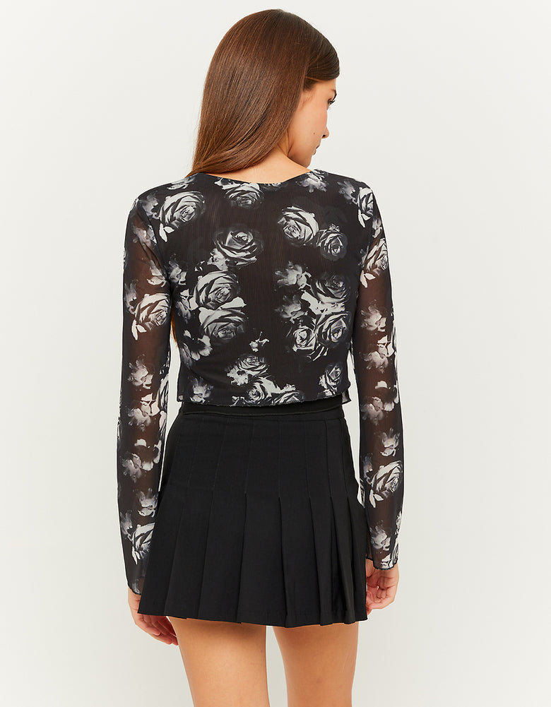 Mesh Printed Long Sleeves Top | Floral Print
