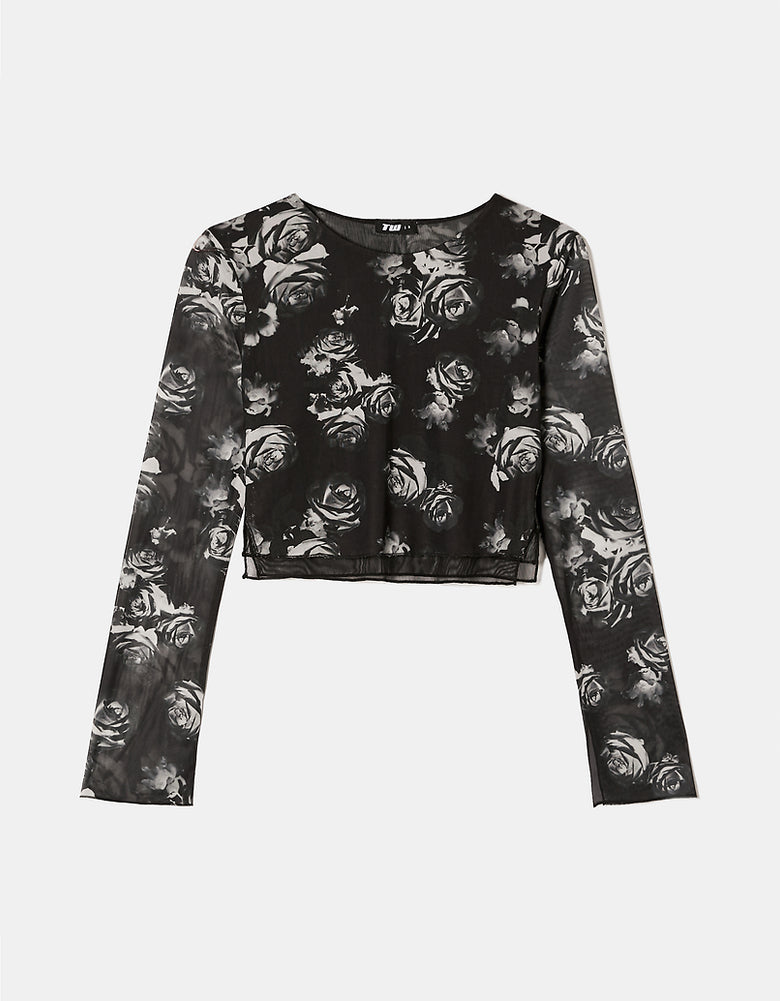 Mesh Printed Long Sleeves Top | Floral Print