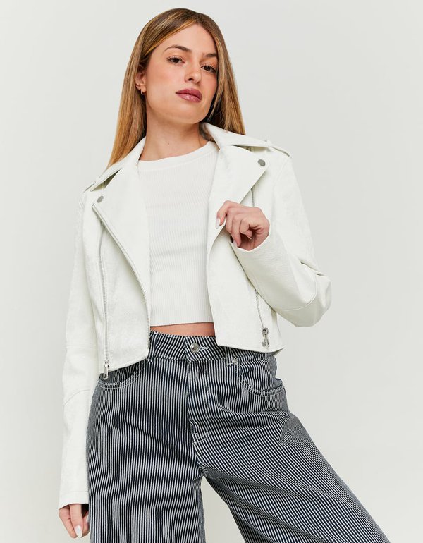 Faux Leather Biker Jacket | White Croco