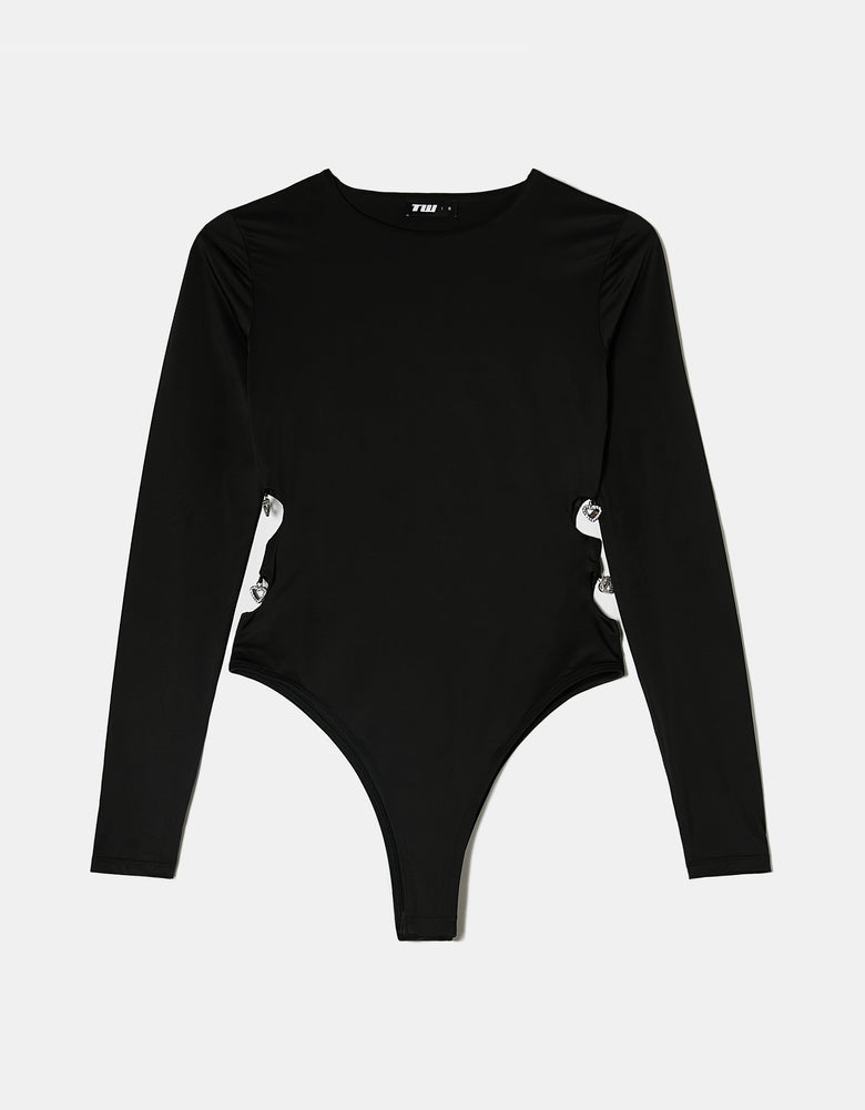Party Bodysuit with Strass Heart Shaped Charms | Black