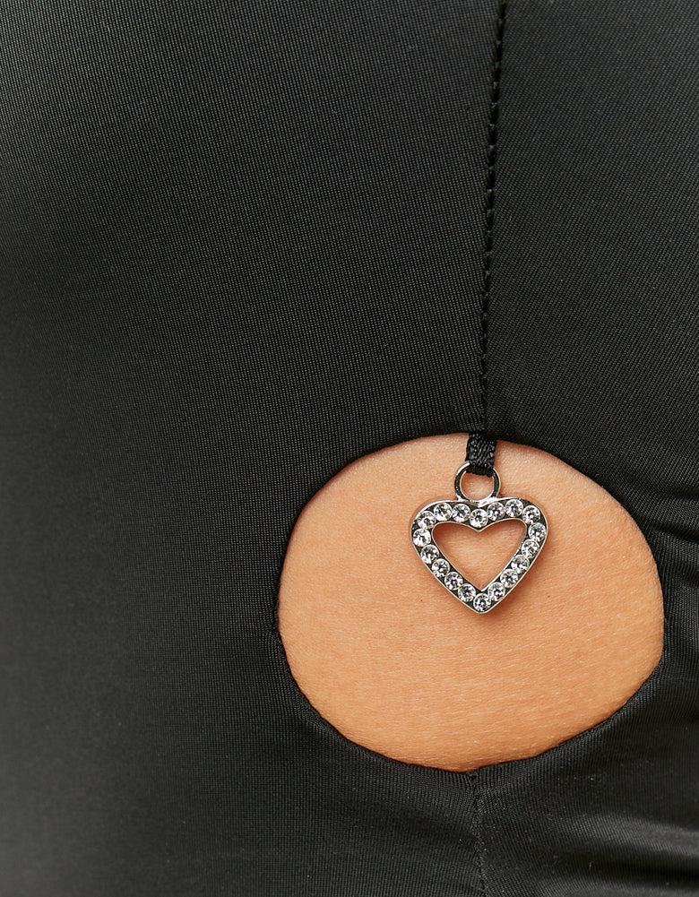 Party Bodysuit with Strass Heart Shaped Charms | Black