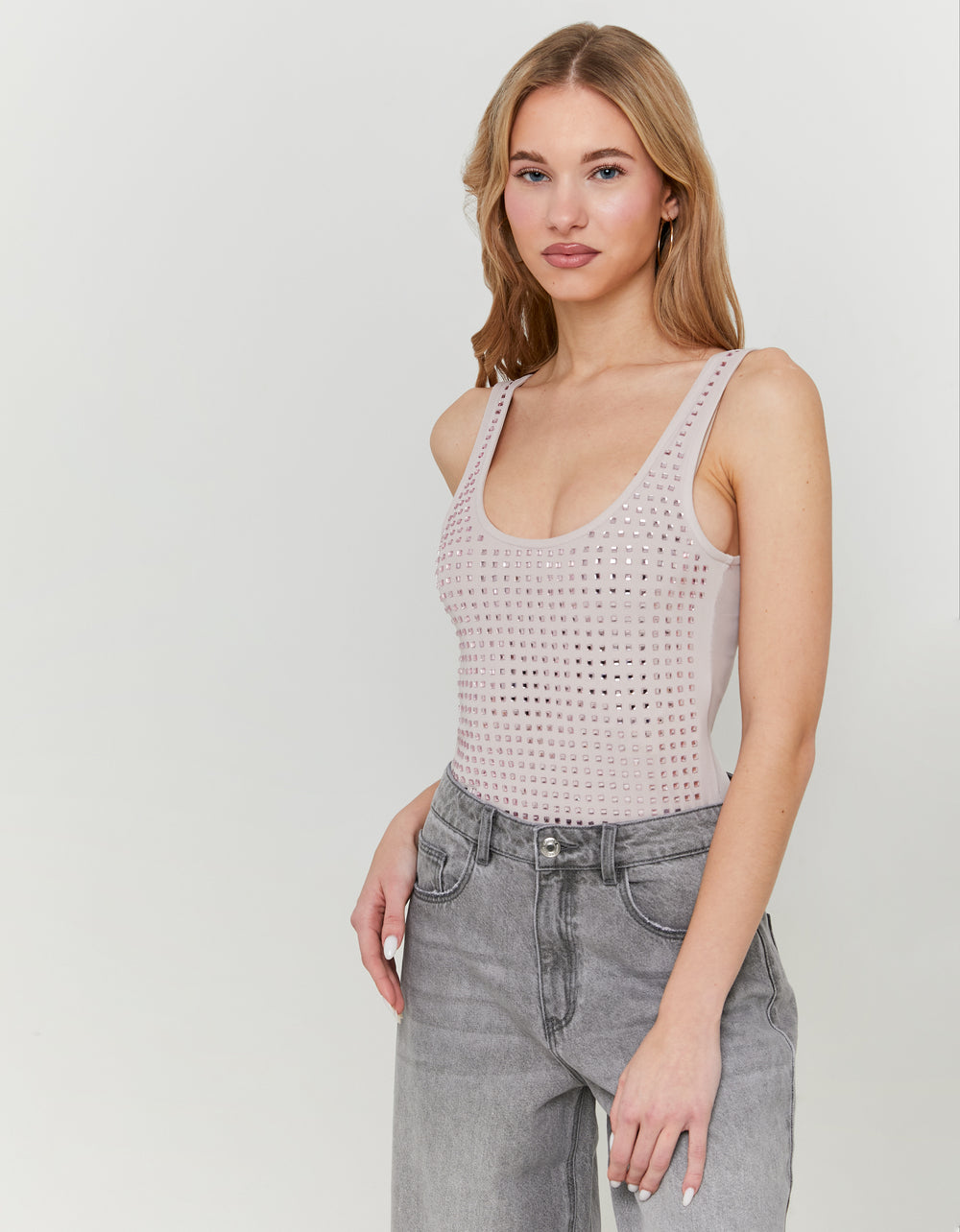Mesh Bodysuit with Squared Strass | Beige