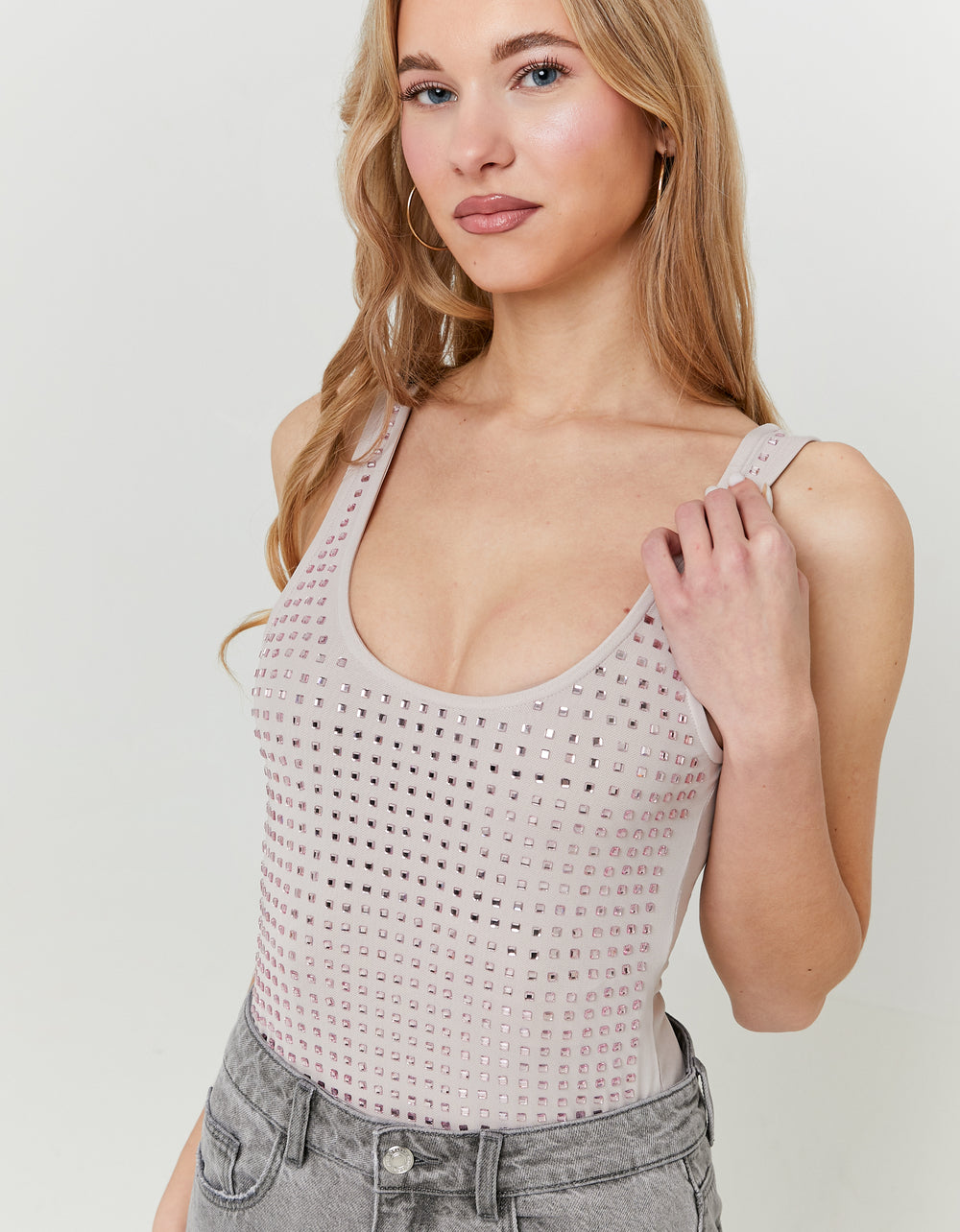 Mesh Bodysuit with Squared Strass | Beige