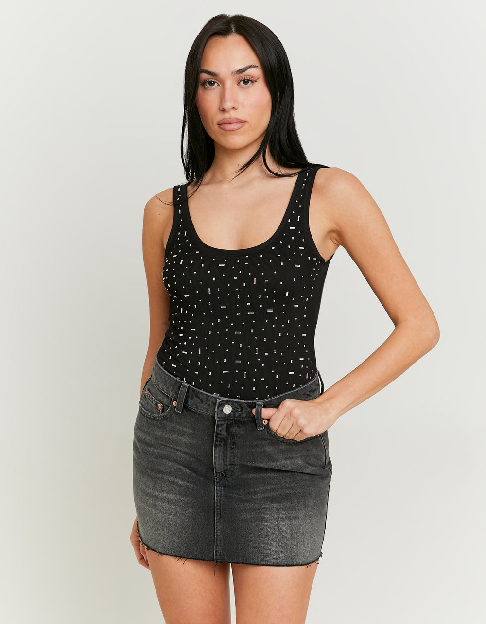 Mesh Bodysuit with Squared Strass | Black