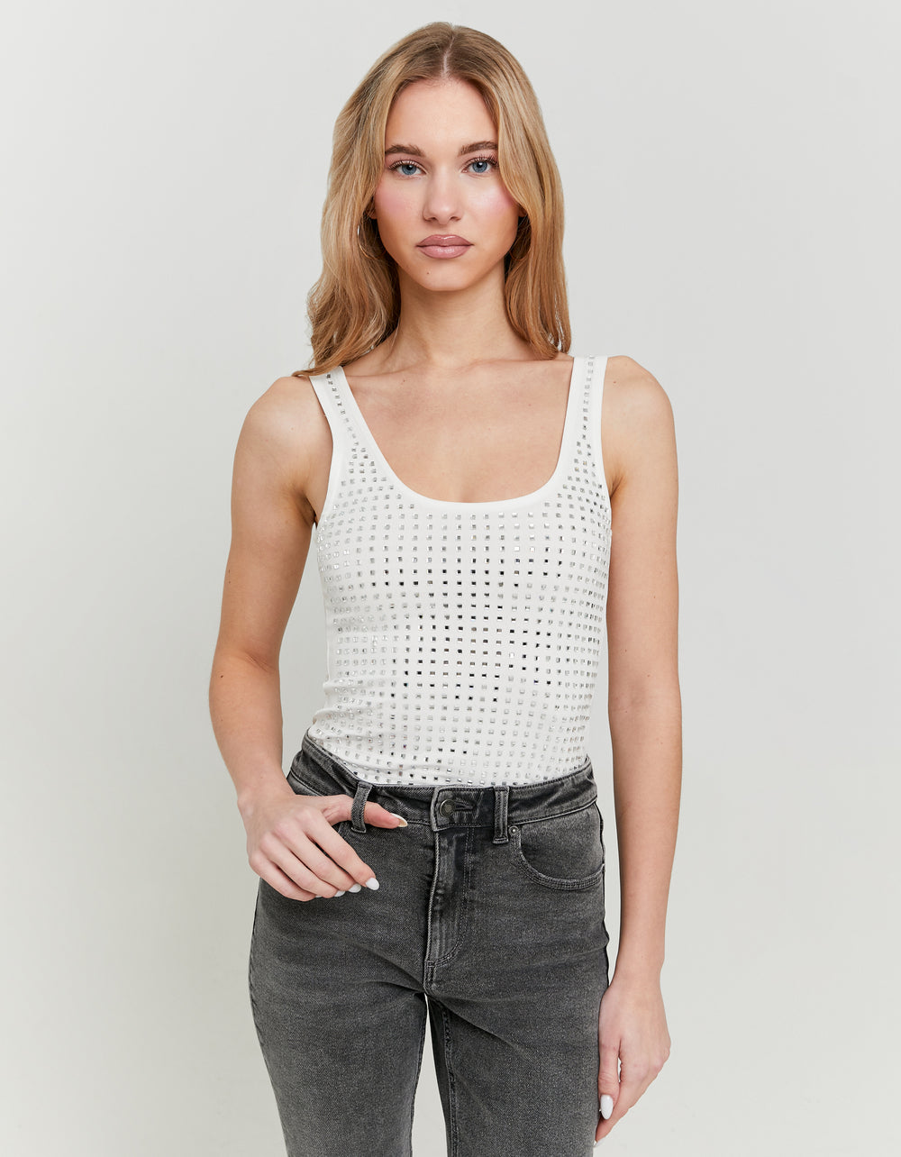 Mesh Bodysuit with Squared Strass | White