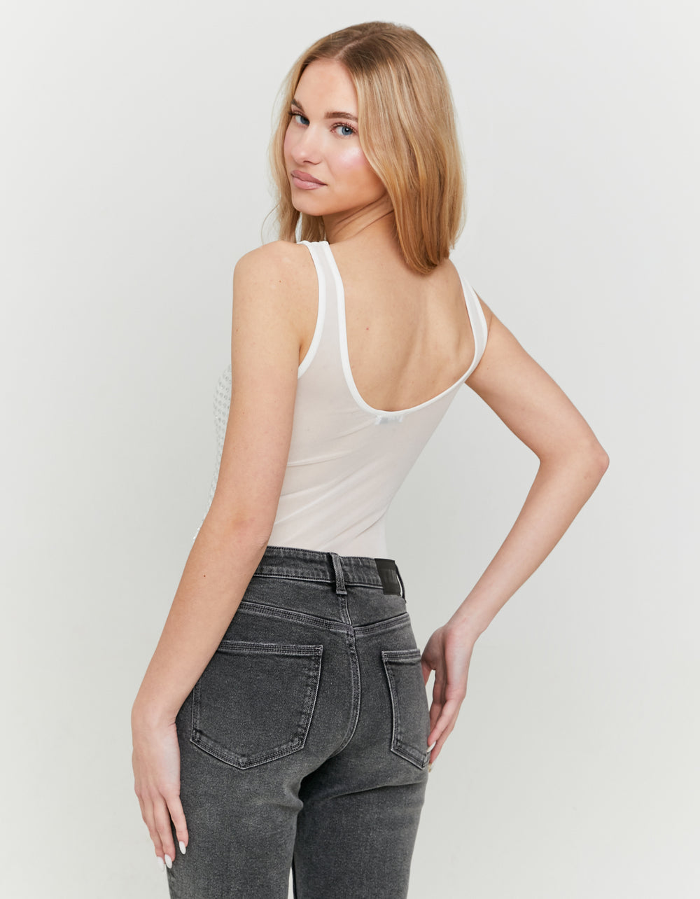 Mesh Bodysuit with Squared Strass | White