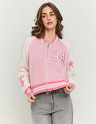 Knitted Zip Up Cardigan Long Sleeves | Pink-Off White