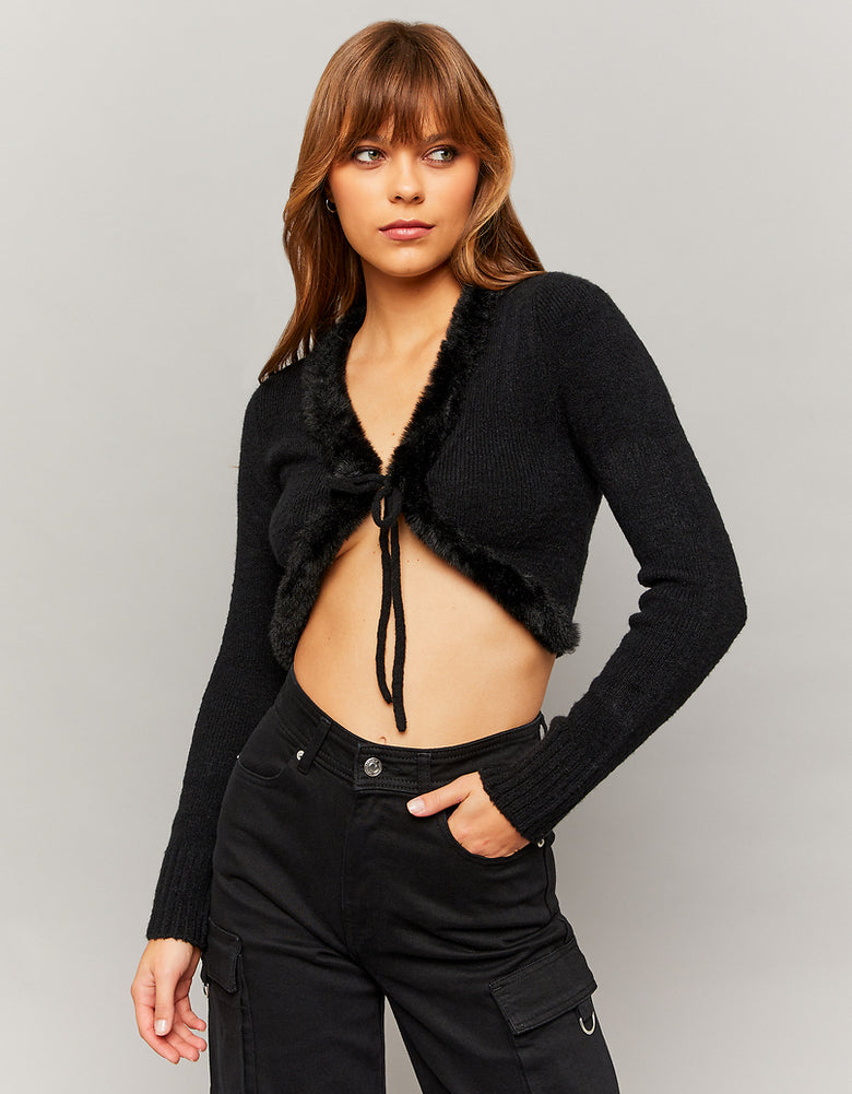Cropped Cardigan with Faux Fur Detail | Black