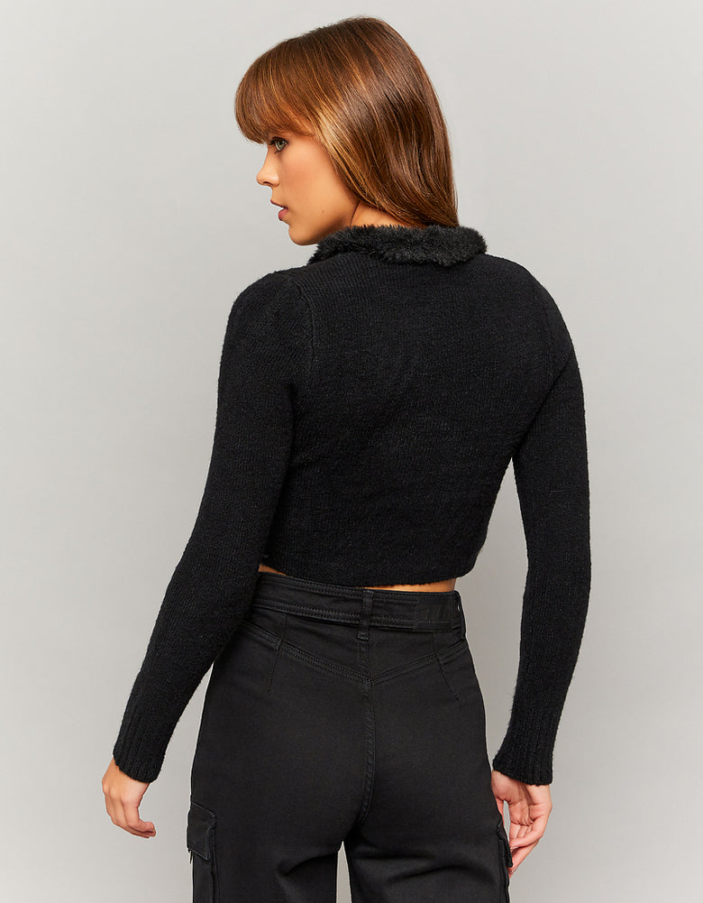 Cropped Cardigan with Faux Fur Detail | Black