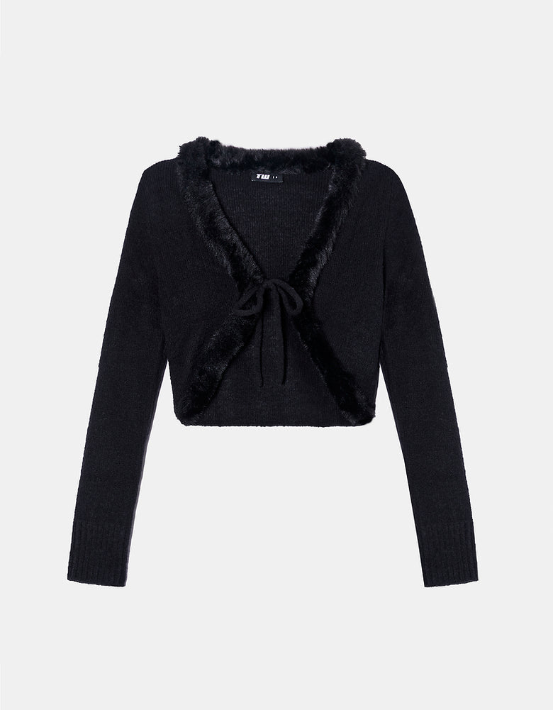 Cropped Cardigan with Faux Fur Detail | Black