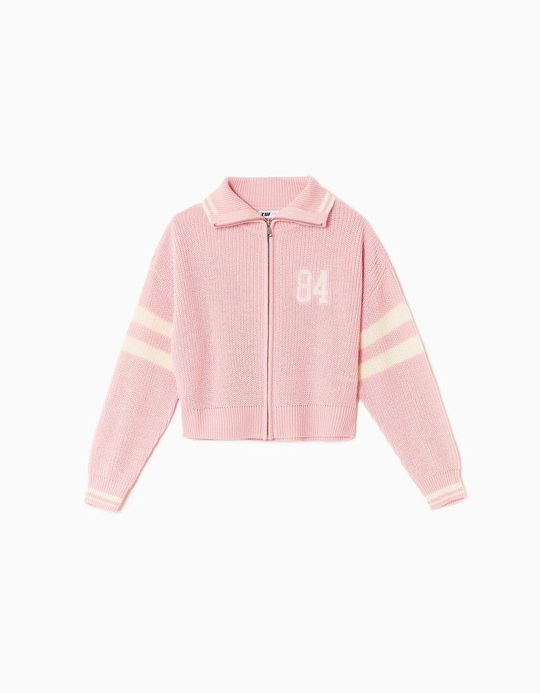 Zip?Up Cardigan with Embroidered Detail | Off White Pink
