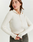 Zip Up Cardigan with Hood | Cream