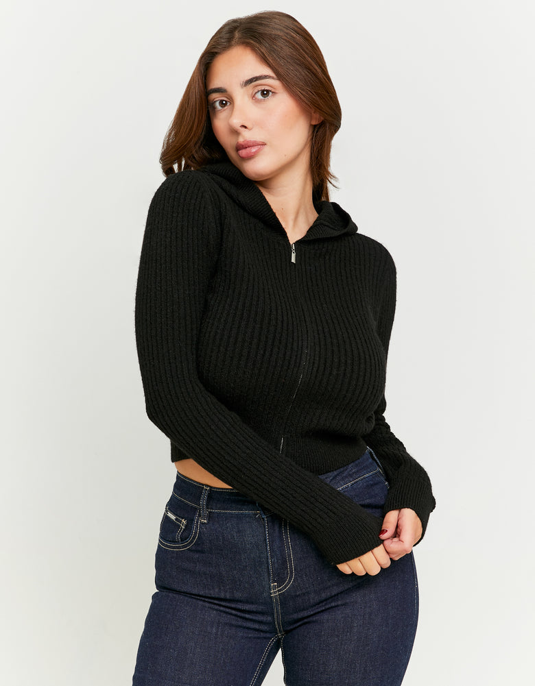 Zip Up Cardigan with Hood | Black