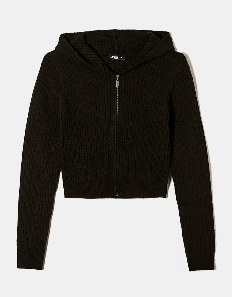 Zip Up Cardigan with Hood | Black