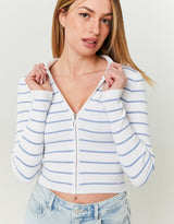 Cropped Cardigan with Polo Neck | Blue Striped