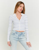 Cropped Cardigan with Polo Neck | Blue Striped