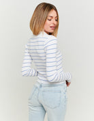 Cropped Cardigan with Polo Neck | Blue Striped