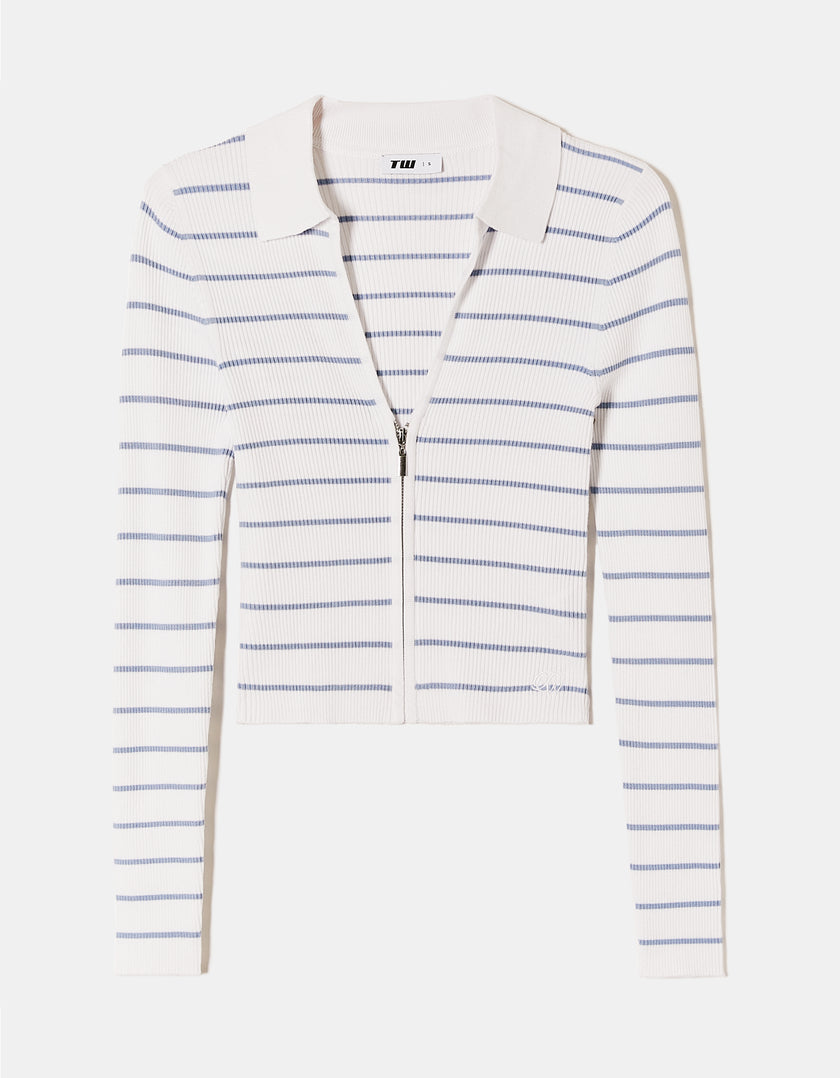 Cropped Cardigan with Polo Neck | Blue Striped