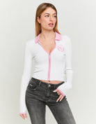 Cropped Cardigan with Polo Neck | White-Pink