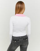 Cropped Cardigan with Polo Neck | White-Pink