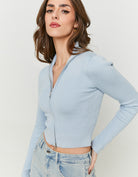 Fitted Zip Up Cardigan Long Sleeves | Blue