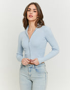 Fitted Zip Up Cardigan Long Sleeves | Blue