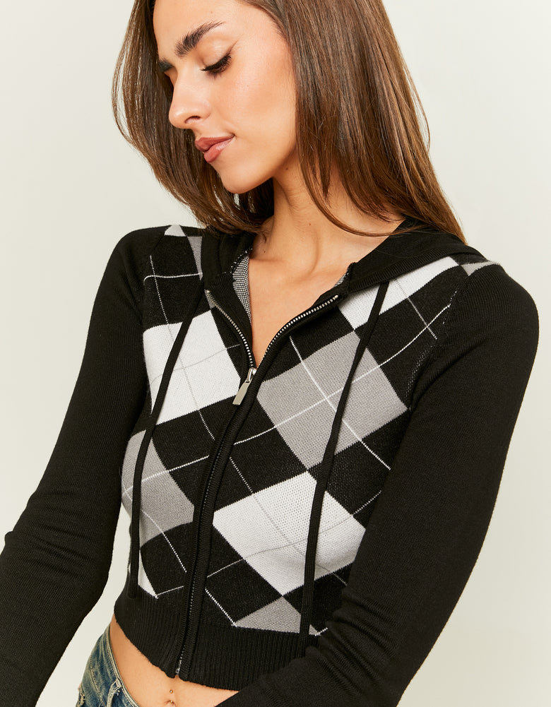 Knit Cardigan with Hood | Black-Grey