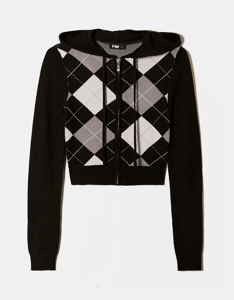 Knit Cardigan with Hood | Black-Grey