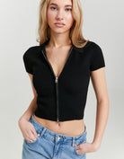 Knit Cardigan with Polo Collar | Black