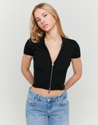 Knit Cardigan with Polo Collar | Black