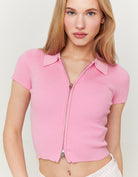 Knit Cardigan with Polo Collar | Pink