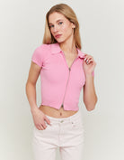 Knit Cardigan with Polo Collar | Pink