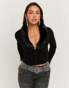 Faux Fur V?Neck Cardigan | Black