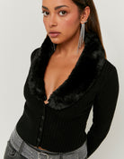 Faux Fur V?Neck Cardigan | Black