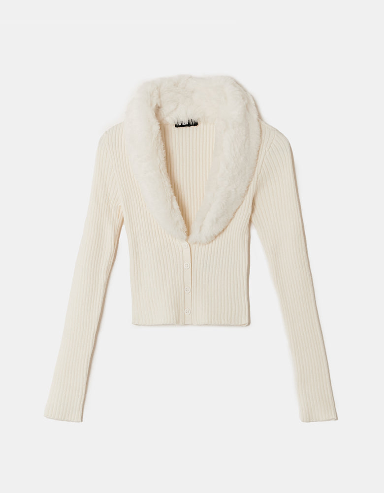 Faux Fur V?Neck Cardigan | Off White