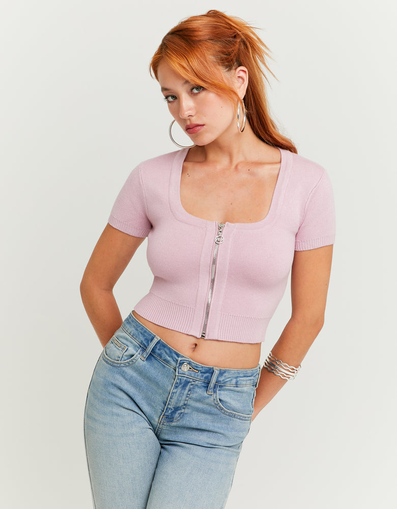 Knitted Zip Up Cardigan | Light Pink