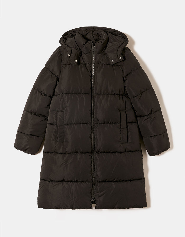 Long Padded Jacket with Hood | Black