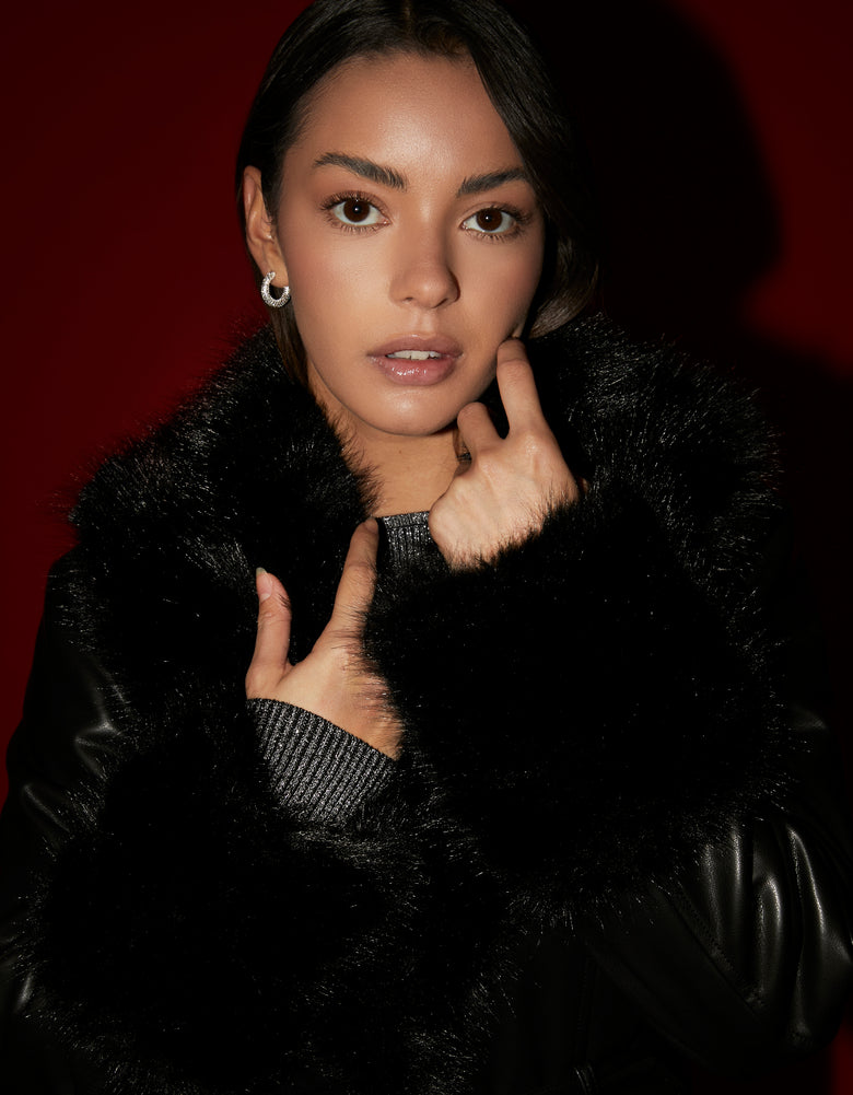 Long Coat with Faux Fur | Black